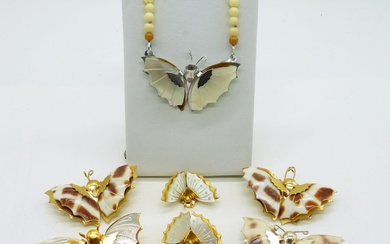 Vintage Shell Wing Butterfly Necklace, Pins, Earri