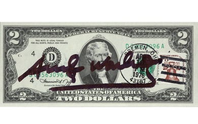 WARHOL ANDY (1930 - 1987) handgesigneerd "Two Dollar" - bankbiljet (Thomas Jefferson)...