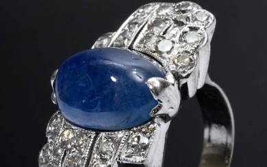 White gold 333 Art Deco ring with high sapphire cabochon and diamonds (together approx. 1.20ct/VSI-SI/W-C), 6g, size 53, traces of wear