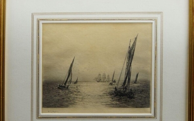 William Lionel Wyllie RA RBA RE RI NEAC, British 1851-1931- Sunshine off the Solent; etching with aquatint, signed in pencil, 17.9 x 22.1 cm. Provenance: with the Royal Exchange Art Gallery, London, according to the label attached to the reverse.