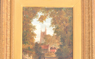 William Woods Hodges - (English School, 19th century) An oil on canvas landscape scene painting depicting view towards a village church in forest clearing. Framed. Measures approx. 42cm x 37cm.