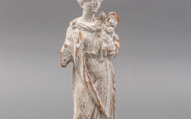 Witgeschilderd gestoken houten heiligenbeeld: Madonna met Kind, 19e eeuw...