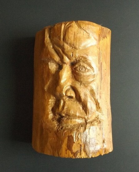 Wood Spirit Sculpture hand carved woodblock 1980 signed