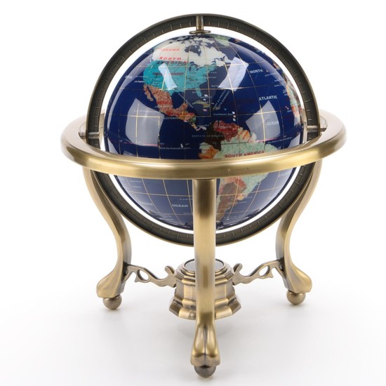World Glass Tabletop Globe, Lapis Blue with Brass Tripod Stand and Compass