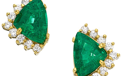 Zambian Emerald, Diamond, Gold Earrings Stones: Triangular-cut emeralds weighing...