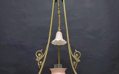 circa 1880's Rare Sandwich Gas Hall Light / Gasolier with Portrait 12" shade & antique smoke bell.