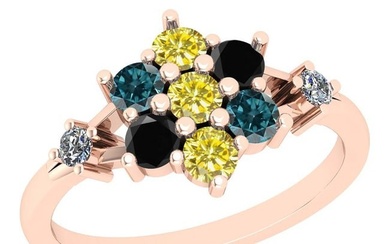 0.80 Ctw I2/I3 Multi Treated Fancy Blue,Black,Yellow And White Diamond 18K Rose Gold Flower Ring