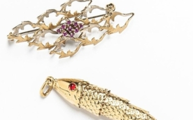 18kt Gold Fish Pendant and a 14kt Gold and Ruby Brooch
