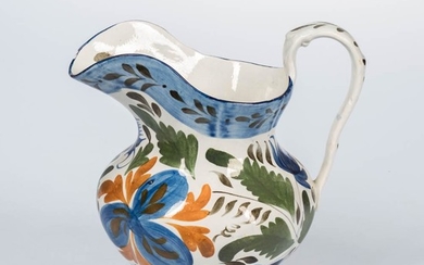 Polychrome Decorated Pearlware Jug, England, early 19th century, with flower and leaf decoration, ht. 9 1/4 in.