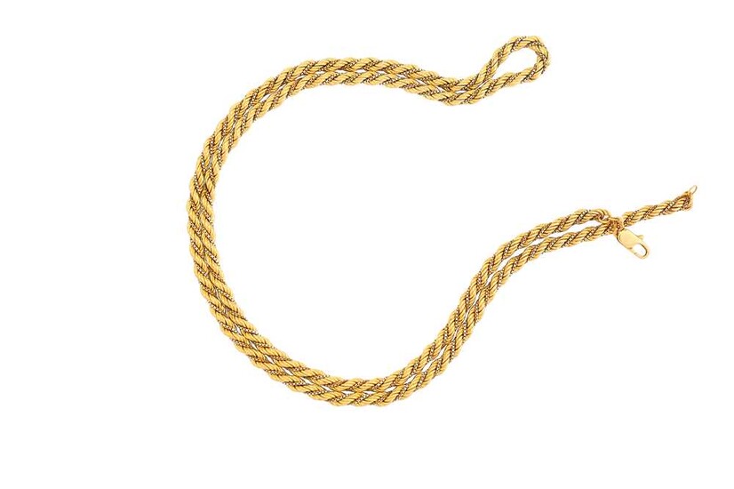 A bi-coloured necklace Designed as a box-link chain raped...