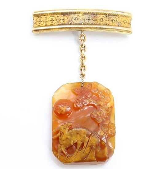 12KY Gold Watch Pin with Orange Jade Dangle