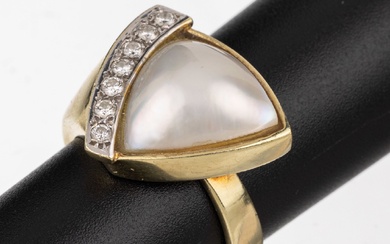 14 kt or bague en perle et diamant, GG 585/000, design exceptionnel, perle de nacre...