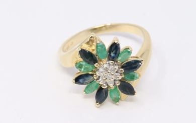 14Kt Flower Diamond Ring (Emerald&Sapphire)