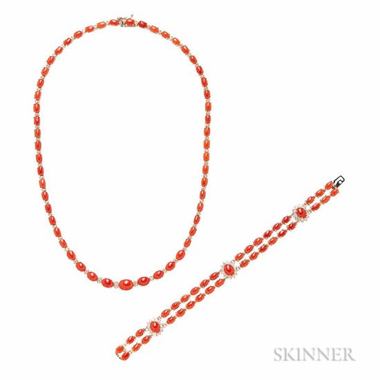 14kt Gold, Coral, and Diamond Necklace and Bracelet, set with coral cabochons and diamond melee, approx. total diamond wt. 2.55 cts., 2