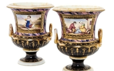 A Pair of Bloor Derby Porcelain Urns Height 6 3/4 inches.