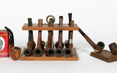 16pc Collection, Tobacco, Pipes, & 2 Pipe Stands