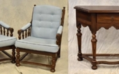 Pr Walnut William & Mary style armchairs, Ethan Allen