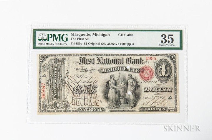 1865 Original First National Bank of Marquette, MI $1 Note, Ch. 390, PMG Choice Very Fine 35