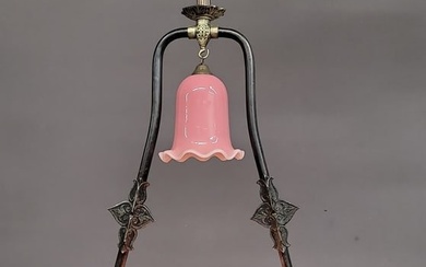1870's American Gas Hall Light with Pink Acid etched crown top antique gas shade & pink antique