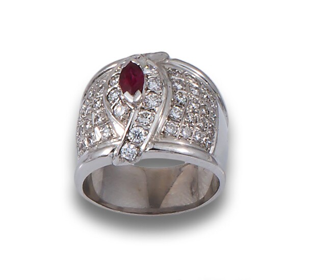 18kt white gold bombé ring, centre with marquise-cut ruby and brilliant-cut diamond pavé.
