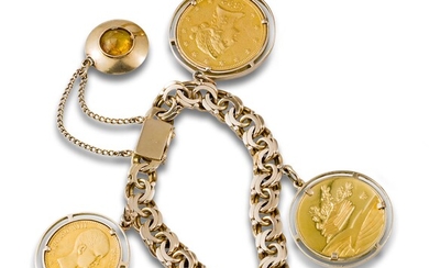 18kt yellow gold braided bracelet with coins and pendant charm.