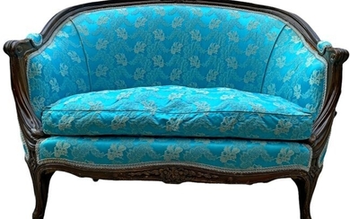 1920's Petite French Settee w Turquoise Silk Upholstery
