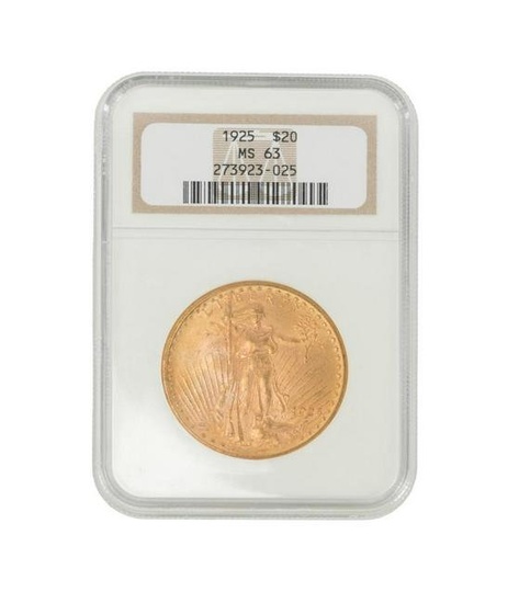 1925 US $20 SAINT-GAUDENS GOLD COIN, MS 63