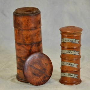 (2) Antique Wood Stacking Spice Canisters