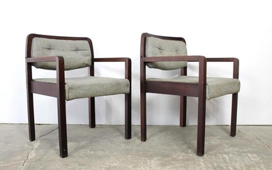 2 Mid-Century Modern Wood & Tweed Upholstered Armchairs