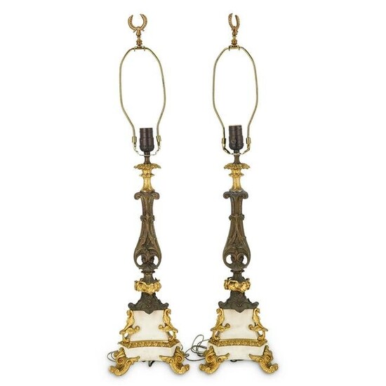 (2 Pc) Pair Of Ornate Gilt Bronze Table Lamps