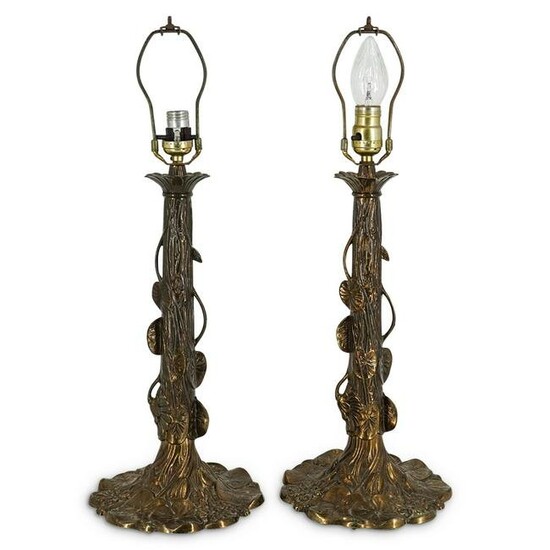 (2 Pc) Tiffany Style Gilded Metal Table Lamps