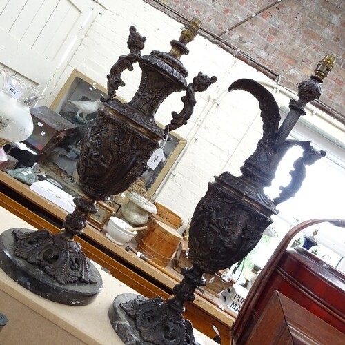 2 Renaissance style patinated brass lamps, comprising conver...
