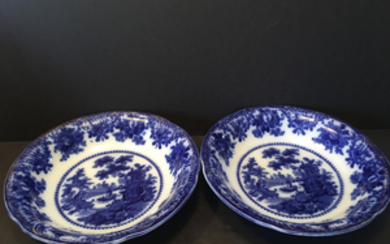 OLD Pair Flow Blue "Fairy Villas" Bowls, 10 1/2" diameter