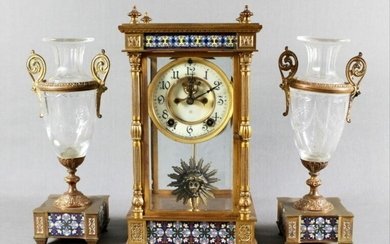 3 Pc. Champleve Clock Garniture Set