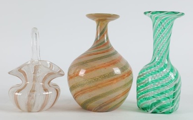 3 Pcs Murano Latticino Art Glass Vases and Basket