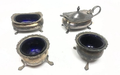 4 Assorted Cobalt Lined Footed Salts. One lidded and ha