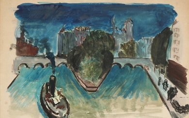 Jens Søndergaard: View from Seine. Signed J. S. Seinen 14–1-21. Watercolour on paper. Sheet size 32×47 cm.