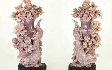 (2) Oversize Chinese carved rose quartz vases, 40"h