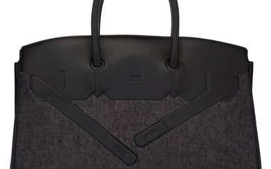 Hermès Limited Edition 35cm Black Evercalf Leather & Denim...