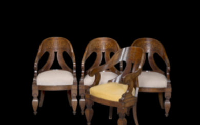 Four various woods inlaid armchairs. Naples, early 19th century (defects)