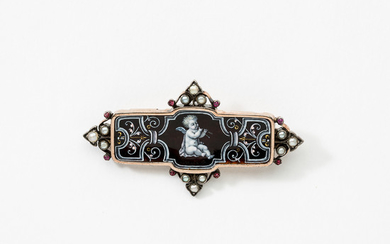 An 18 carat gold, silver, enamel and pearl brooch