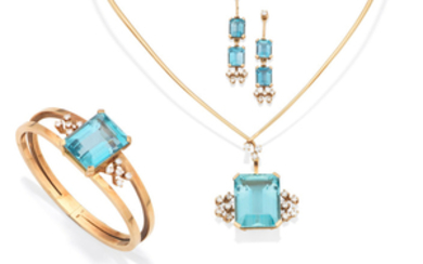 An aquamarine and diamond necklace, bangle and earring suite