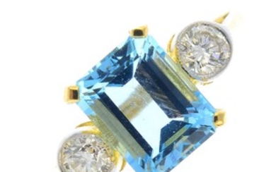 An aquamarine and diamond three-stone ring. View more details