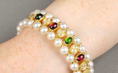 A cultured pearl, tourmaline and diamond bangle.