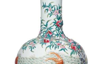 A FAMILLE ROSE RELIEF-DECORATED ‘FISH AND PEACH’ VASE, TIANQIUPING, QING DYNASTY, 19TH CENTURY