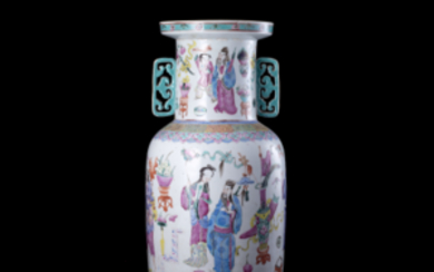 A Famille Rose vase with polychrome enamels depicting legendary figures and auspicious objects China, 19th century (h. 44 cm.)