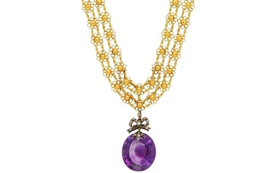 A fancy-link necklace with an amethyst pendant