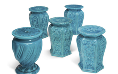 FIVE ENGLISH MAJOLICA TURQUOISE-GROUND GARDEN SEATS, LATE 19TH/20TH CENTURY