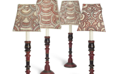 FOUR INDIAN POLYCHROME-DECORATED CANDLESTICKS, MOUNTED AS LAMPS, 20TH CENTURY
