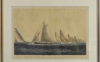 Framed Currier & Ives Hand-colored Engraving Regatta Of The New York Yacht Club "Rounding S.W. Spit,"